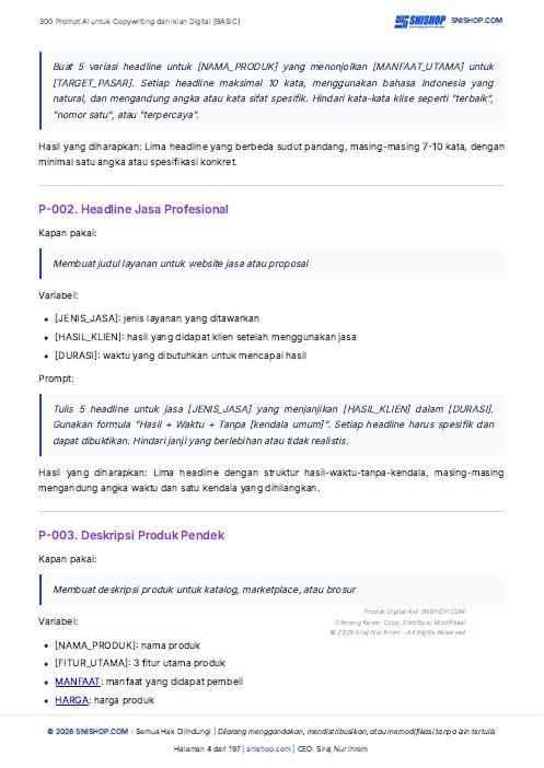 Cuplikan halaman 300 Prompt AI untuk Copywriting & Iklan Digital